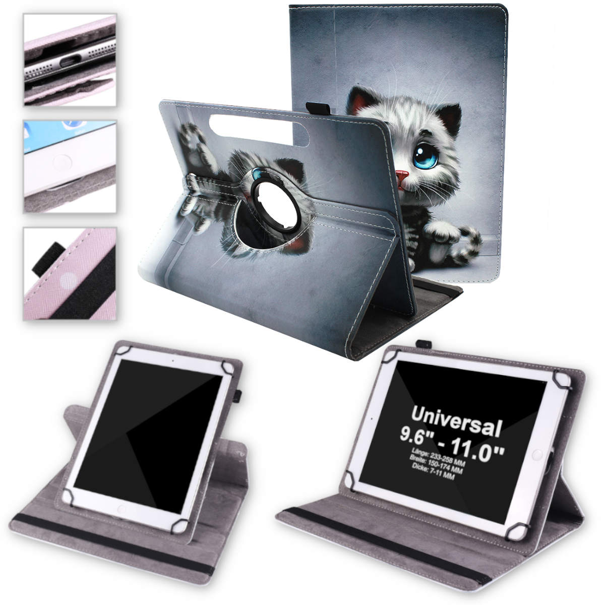 Tablethülle mit einem Kätzchen auf dem Cover. Graue Tablethülle mit schwarzem Bildschirm.
