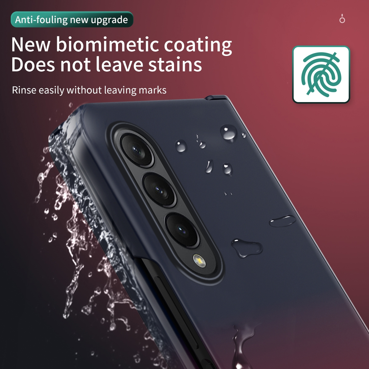 Faltbares Telefon mit Wassertropfen auf der Rückseite. Blau-lila Farbverlauf. Fleckenabweisend.