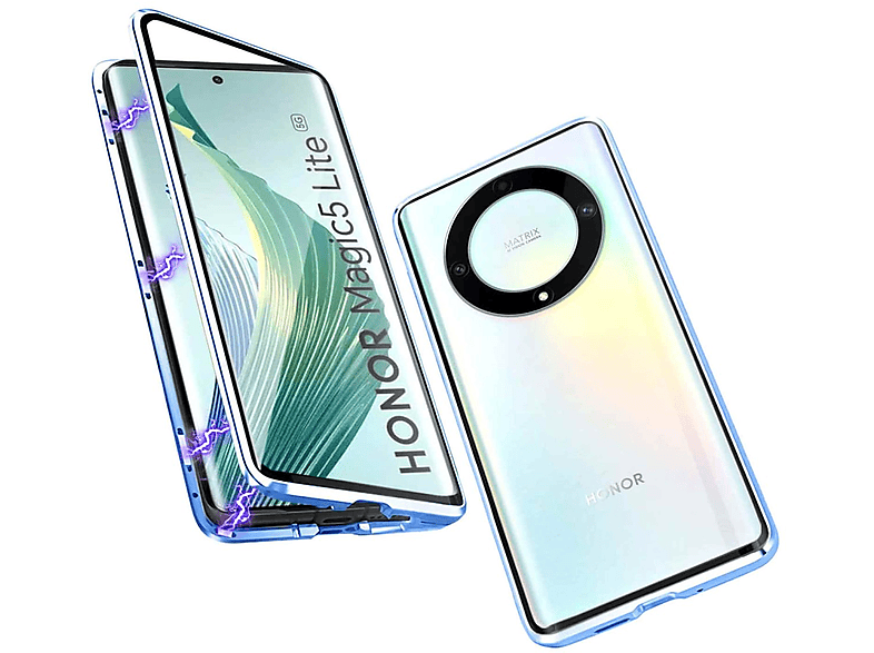 Lite, Transparent Glas 360 Beidseitiger Magic Cover, WIGENTO Metall Full Hülle, 5 Grad / Honor, Blau Magnet