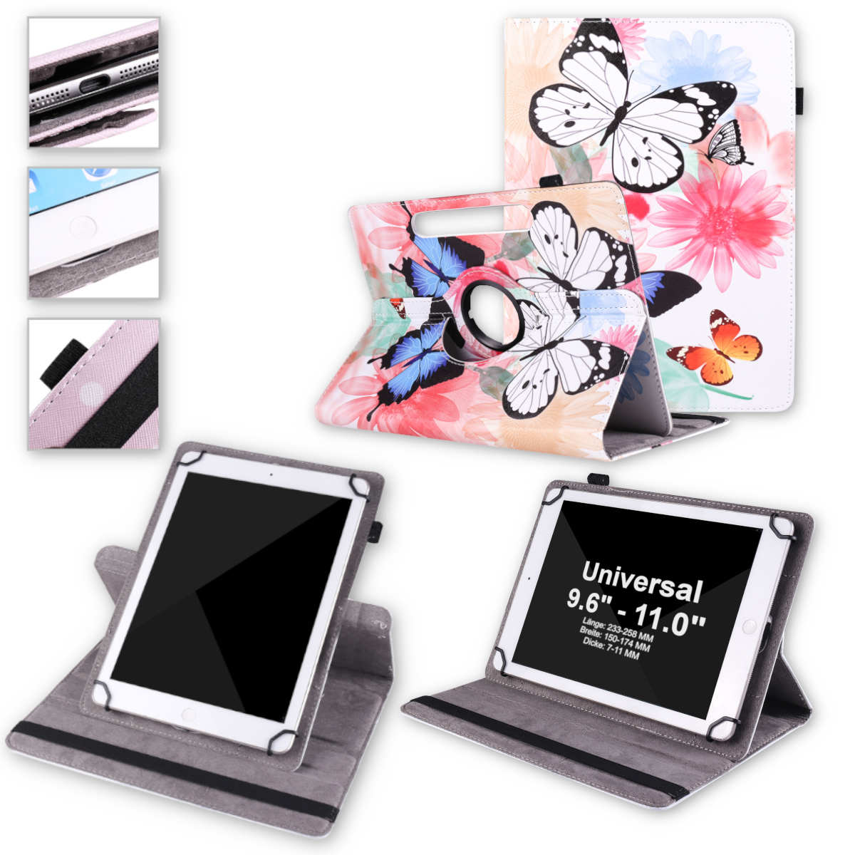 Eine Tablet-Hülle mit Schmetterlingsdesign, geöffnet, um ein Tablet und Details der Hülle zu zeigen.