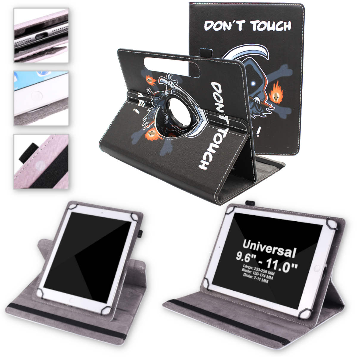 Eine schwarze Tablet-Hülle mit Cartoon-Design. Tablet im Inneren der Hülle. Verschiedene Winkel, mit sichtbaren Details.