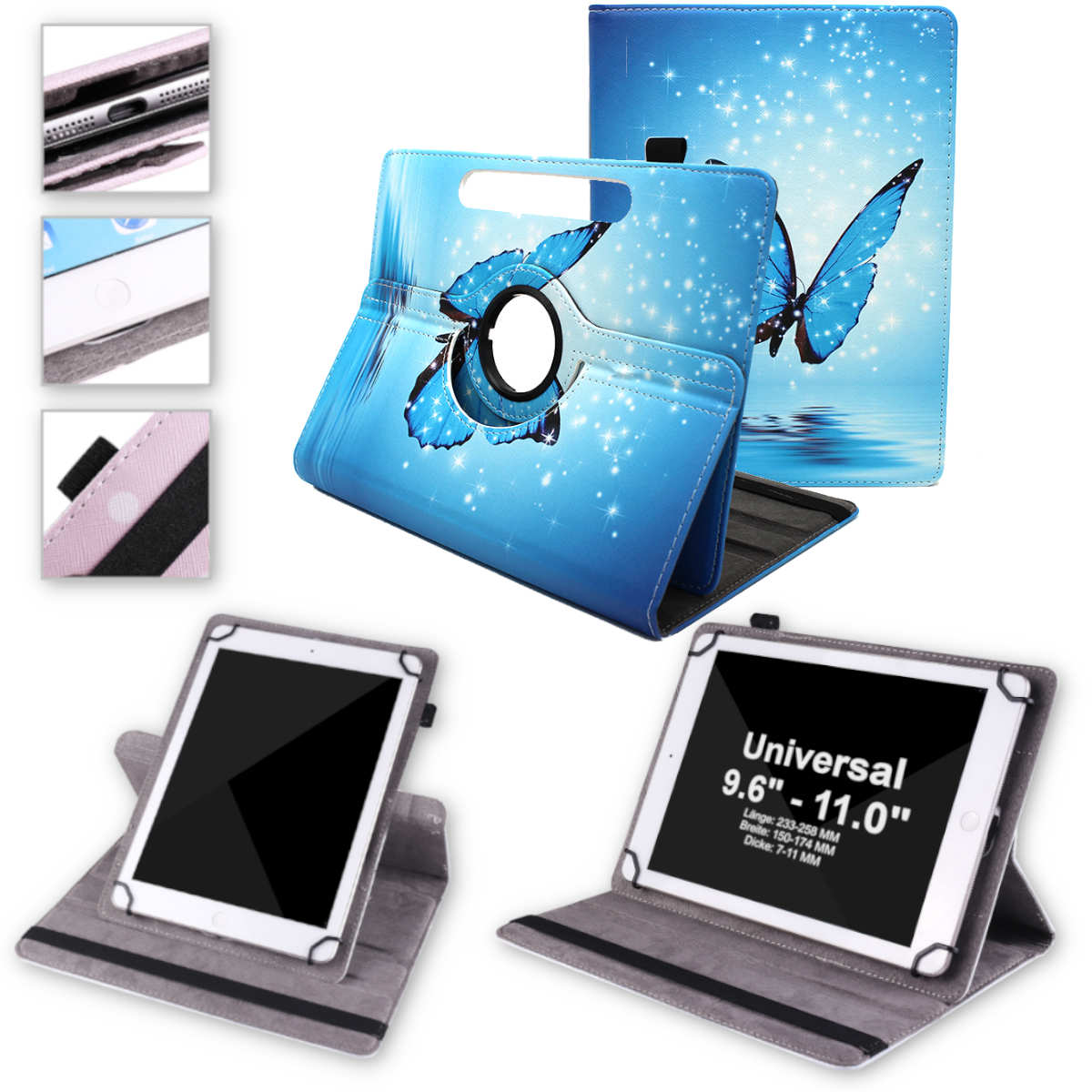 Tablet-Hülle mit Schmetterlingsdesign. Gehäuse ist offen und geschlossen mit Tablets darin.