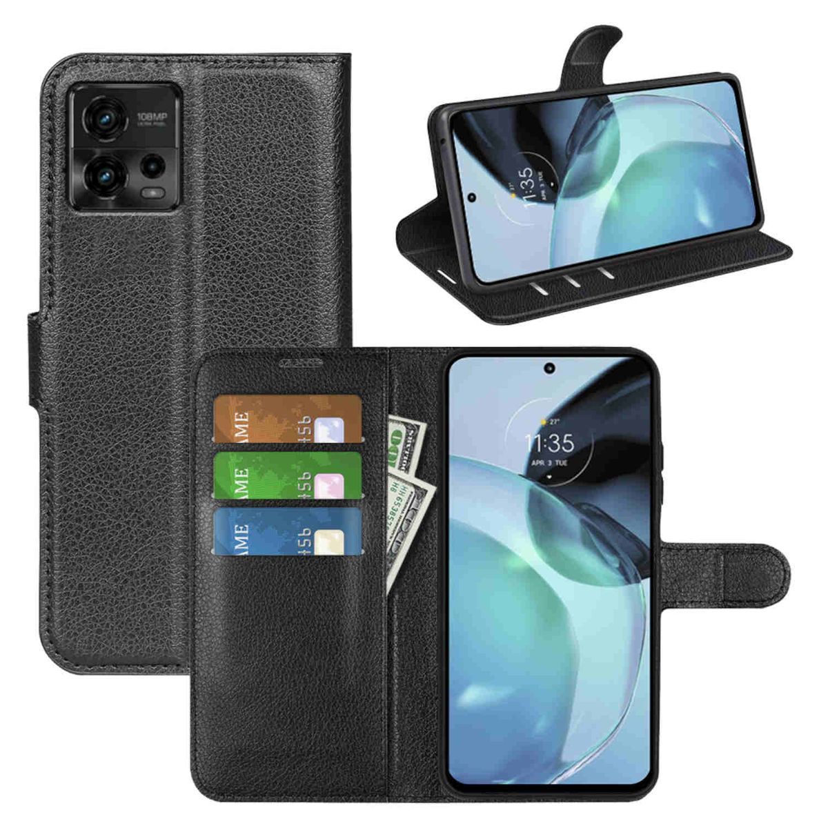 Bookcover, / Wallet Geld Moto Schwarz WIGENTO & Motorola, Fach, G72, Book Kreditkarten Tasche