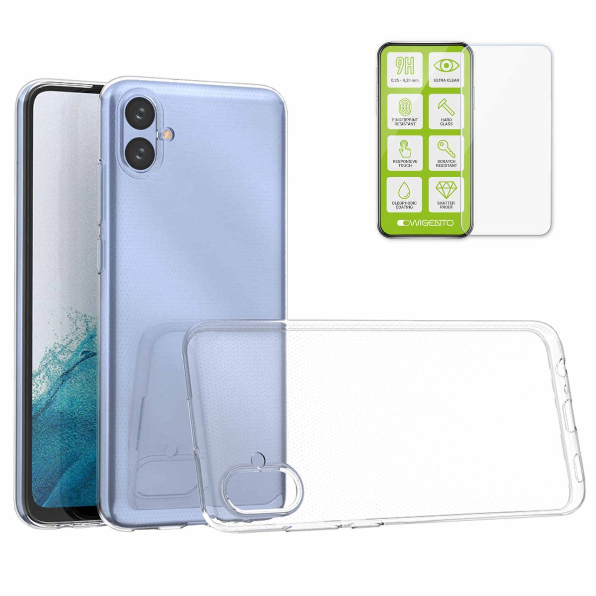 WIGENTO Produktset Hart Silikon H9 A04e, Backcover, + Hülle TPU Folie, Panzer Samsung, Glas Galaxy Transparent dünn