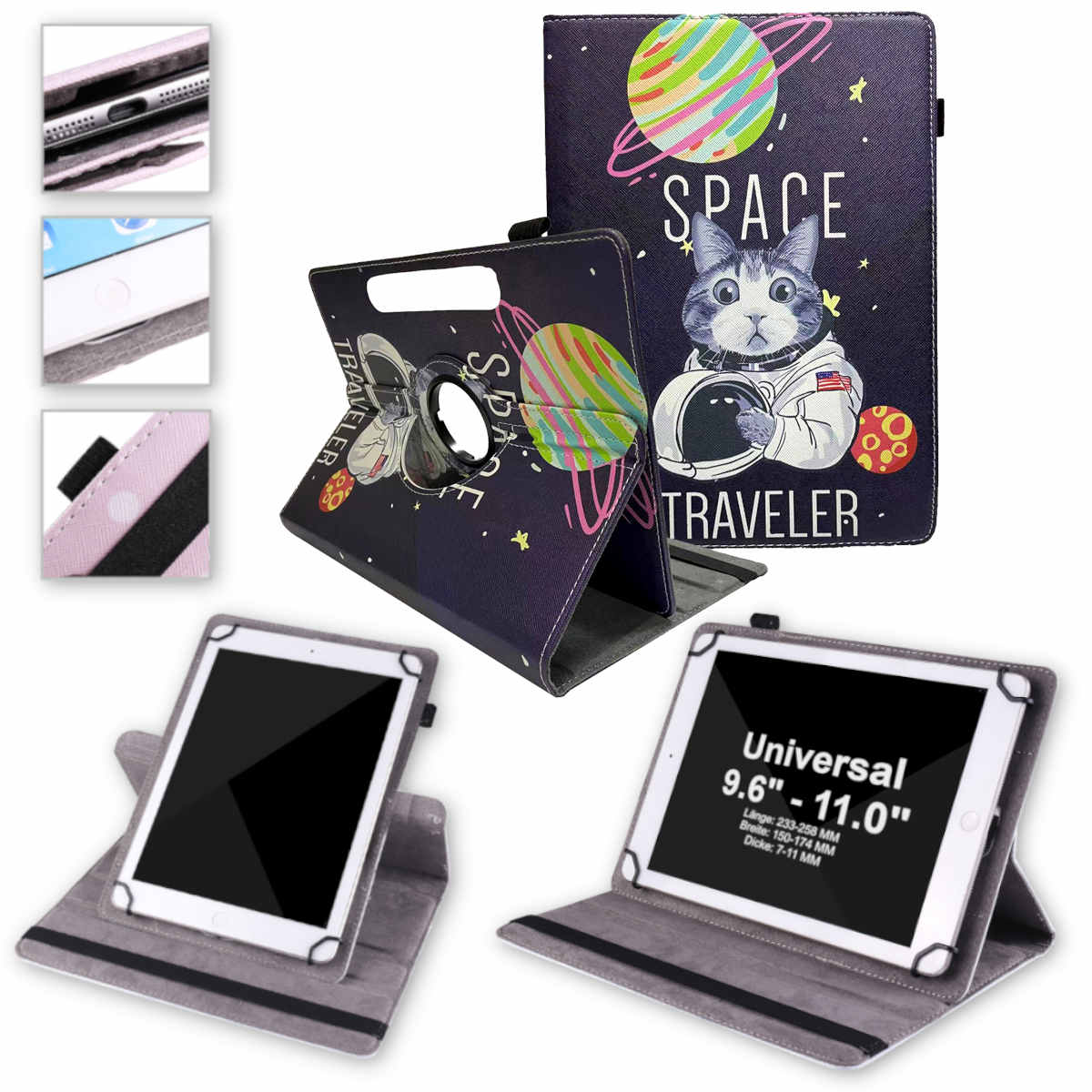 Eine Tablet-Hülle mit einem Katzen-Astronauten-Design. Sie unterstützt ein Tablet.