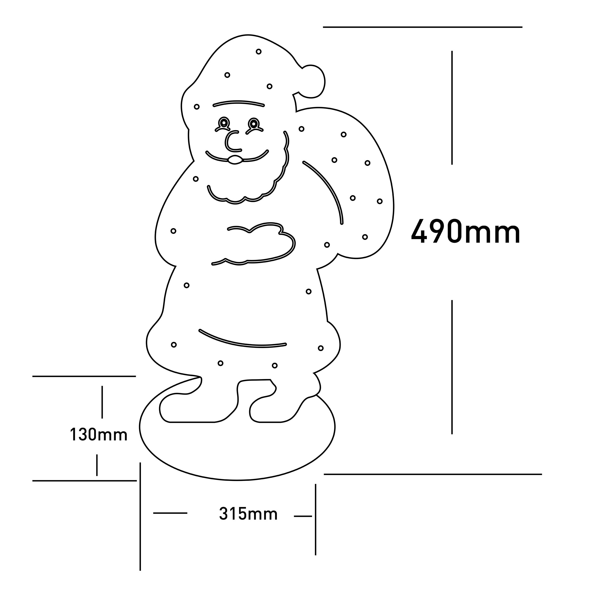 Eine Umrisszeichnung des Weihnachtsmanns mit Maßangaben, die eine Basis, einen Körper und einen Kopf zeigen.