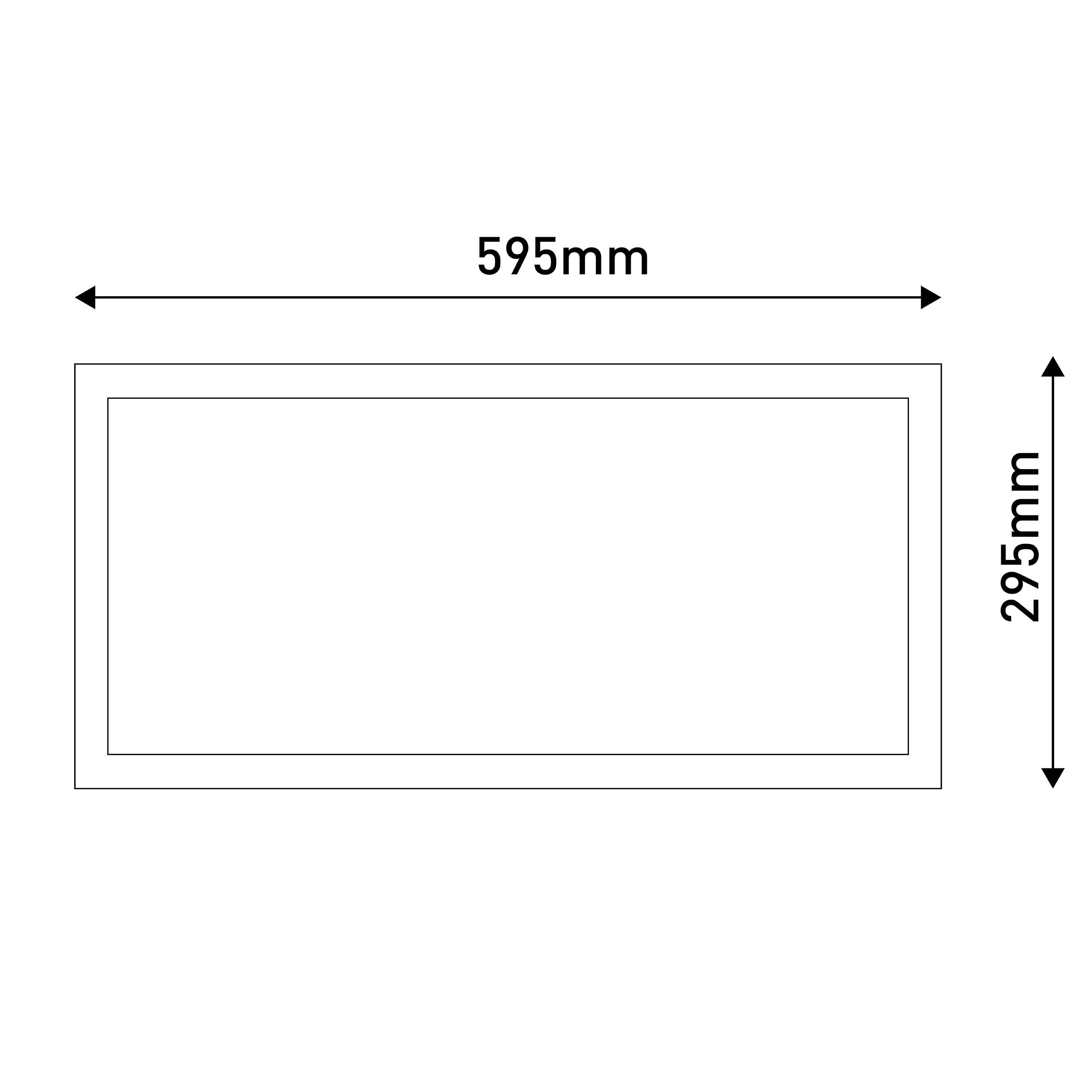 Ein Rechteck mit den Maßen 595 mm x 295 mm, mit einem Umriss. Es ist eine Draufsicht.