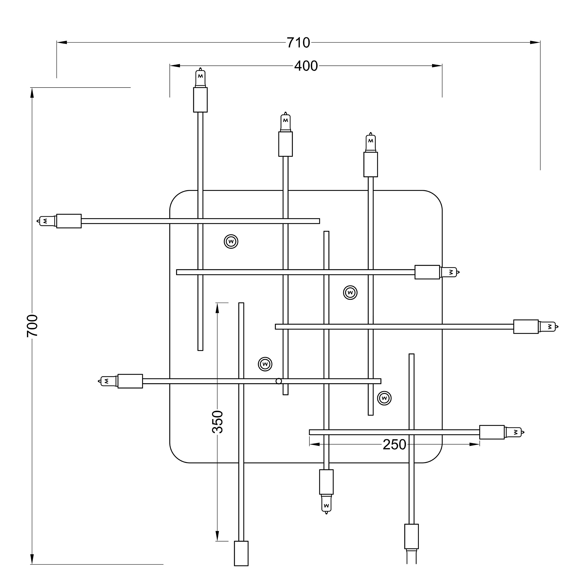 Ein Diagramm mit Linien, Kreisen und Abmessungen in Millimetern.