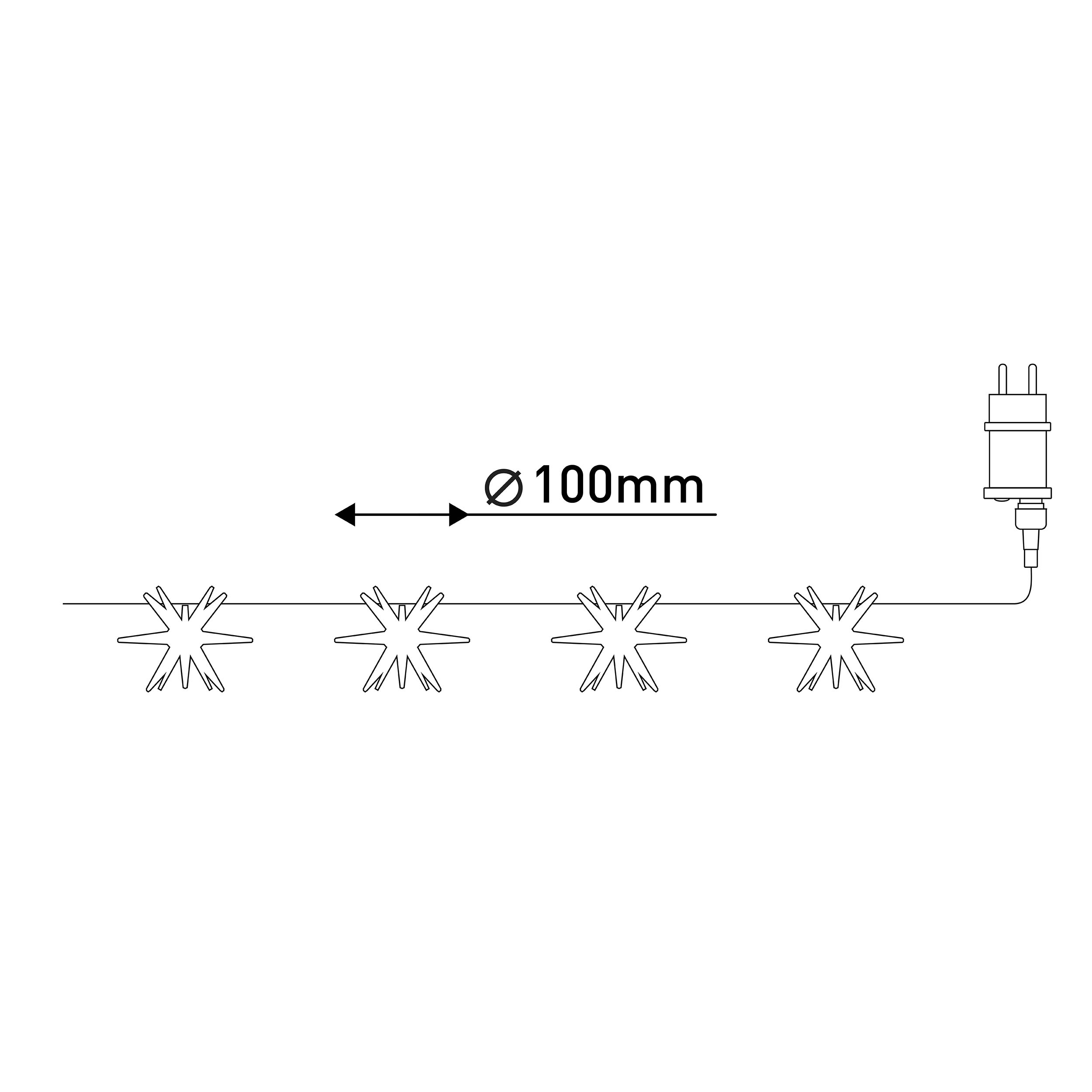 Weißer Hintergrund mit einer Reihe sternförmiger Lichter. Rechts ein Stecker mit 100 mm Durchmesser.