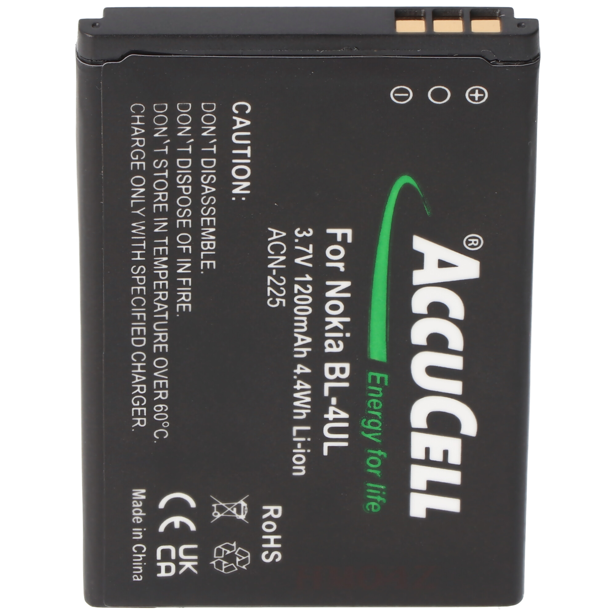 Schwarze Batterie, mit grünem Accucell-Logo und Text, vor weißem Hintergrund.