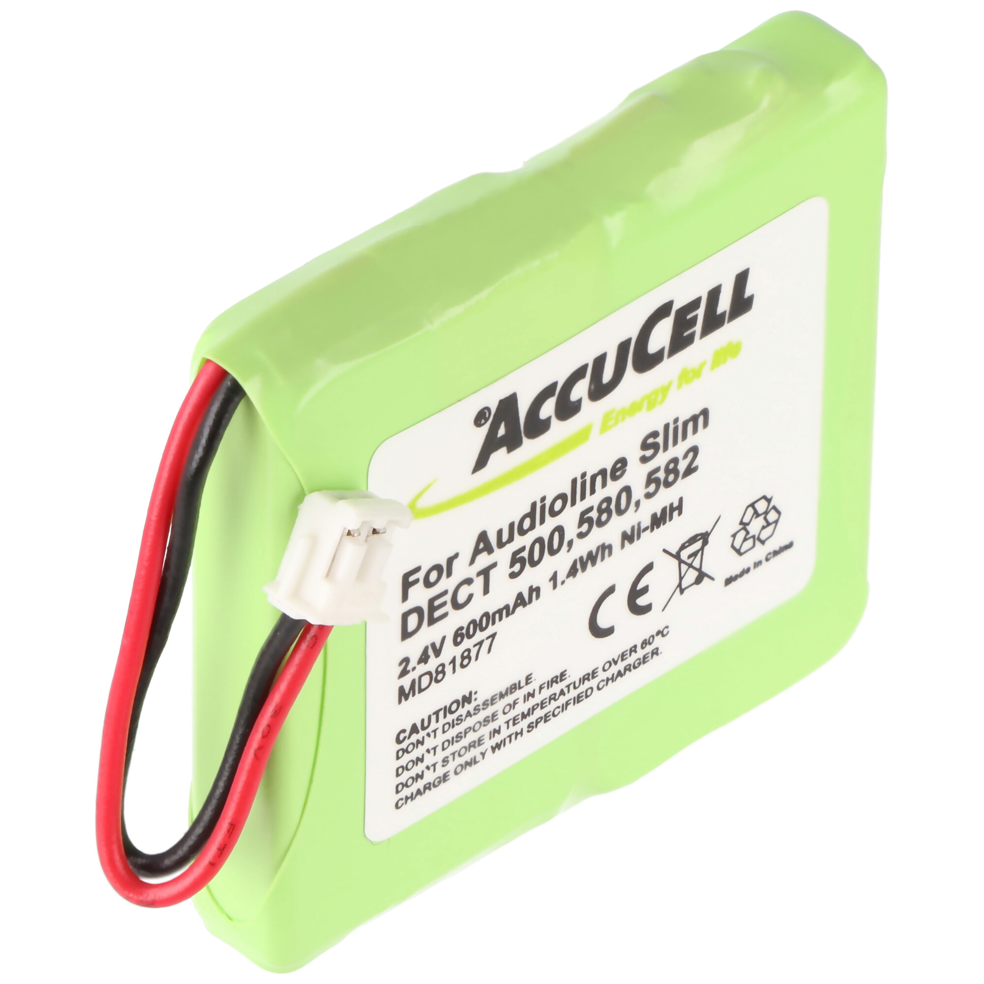 Grüne Batterie mit roten und schwarzen Drähten und einem Etikett mit Text und Zertifizierungen.