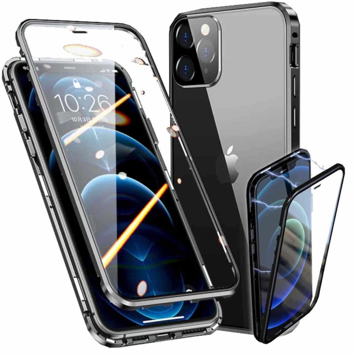 Eine transparente Handyhülle mit einem Telefon darin und einer offenen Hülle daneben.