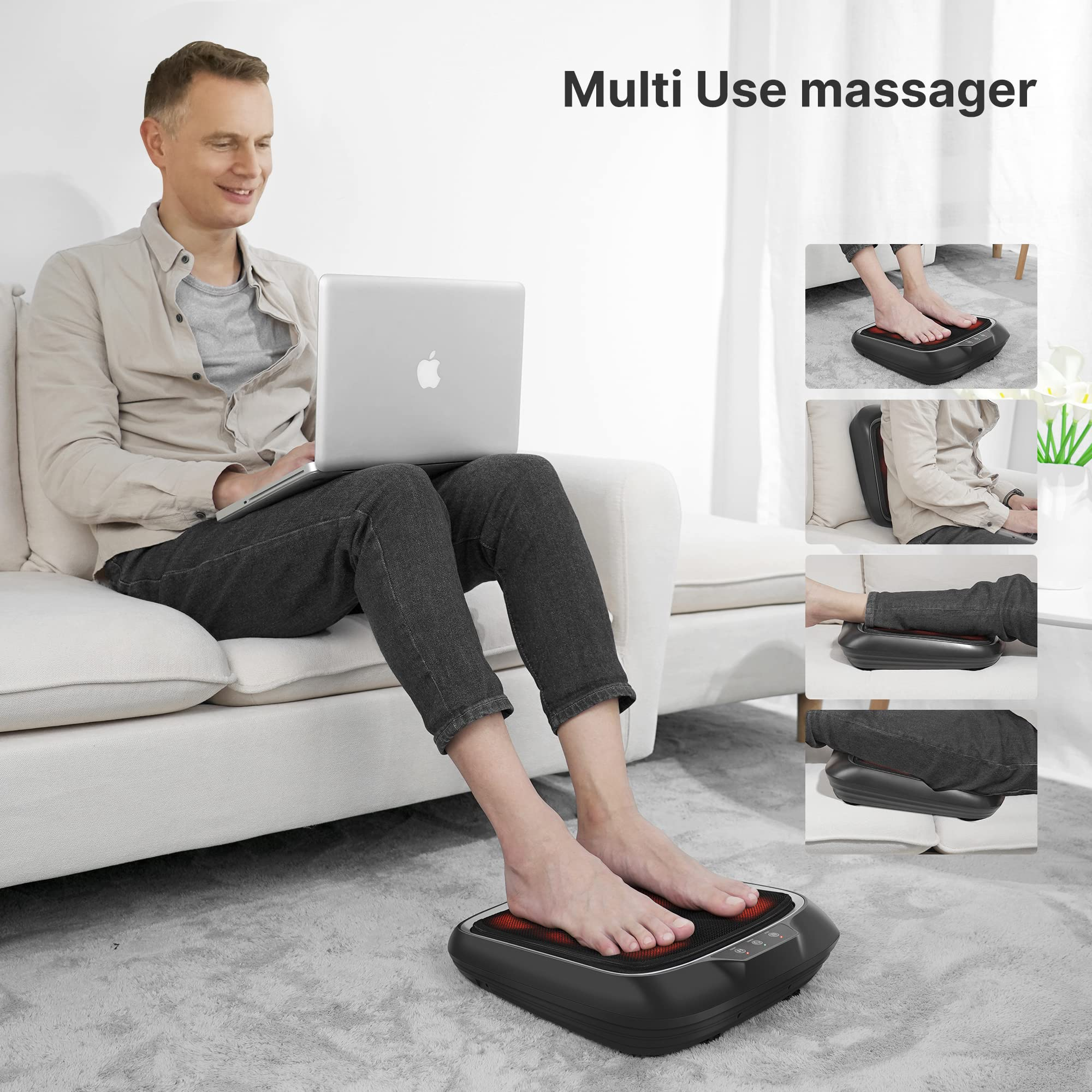 Ein Mann benutzt ein Laptop auf einem Sofa, mit einem Fußmassagegerät. Verschiedene Anwendungsfälle werden gezeigt.