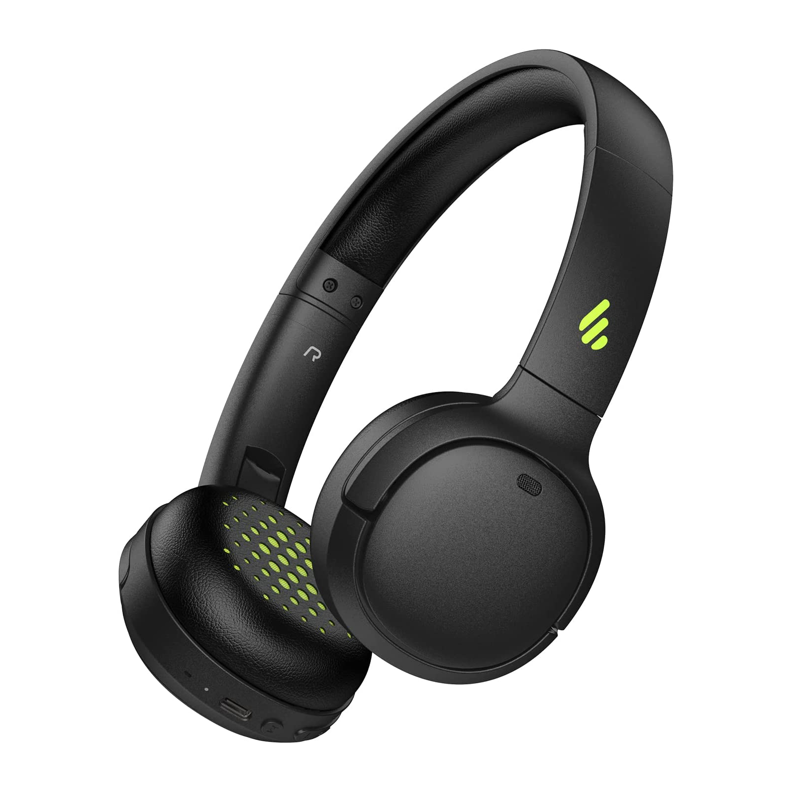 Cuffie wireless nere con dettagli verdi, vista angolata.