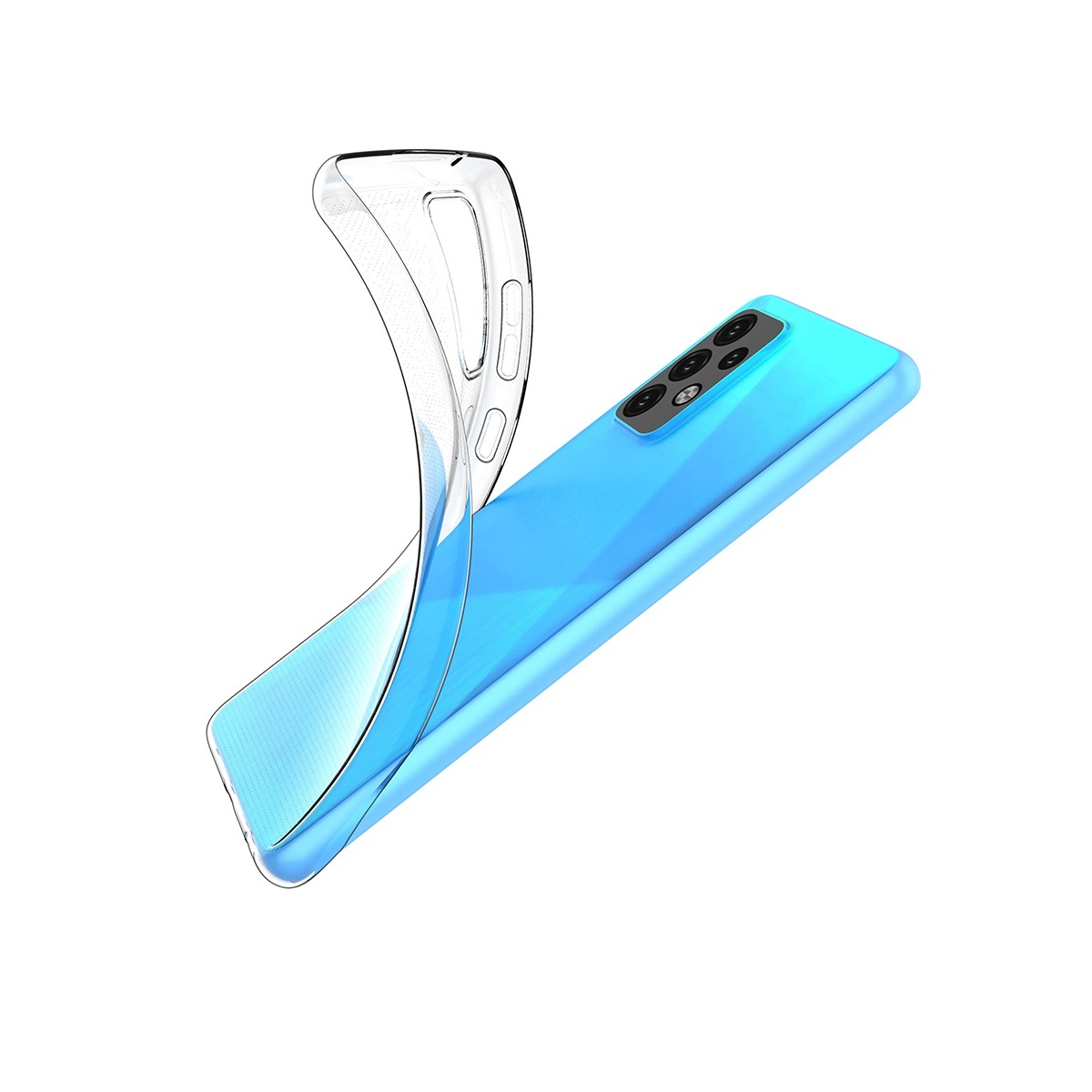 Transparente Handyhülle wird von einem blauen Telefon abgezogen. Hülle ist gebogen, Telefon sichtbar.