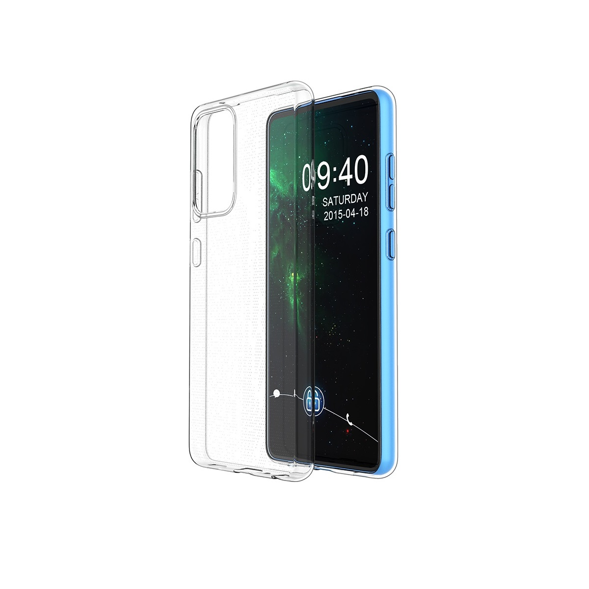 Transparente Handyhülle mit Telefon darin, zeigt Uhrzeit und Datum auf dem Bildschirm.