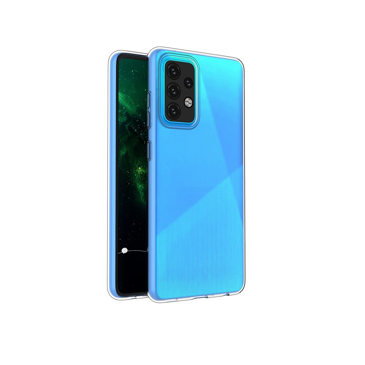 Blaue Handyhülle auf einem Telefon. Der Bildschirm des Telefons zeigt einen grünen Hintergrund.