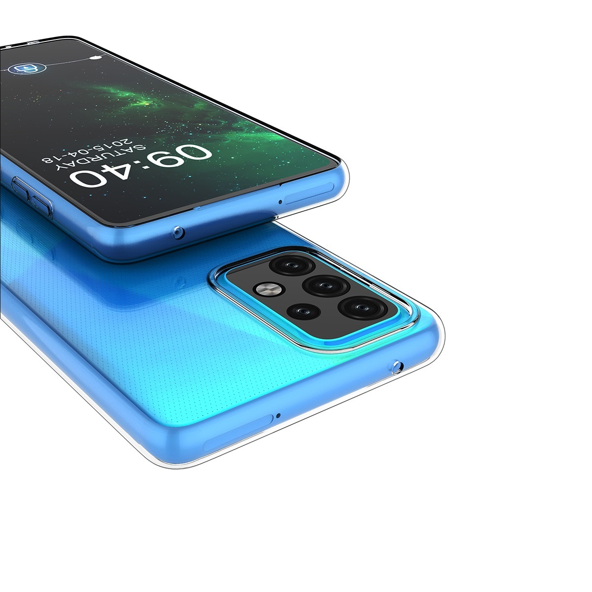 Blaue Handyhülle auf blauem Handy mit Kamera, zeigt Datum und Uhrzeit.
