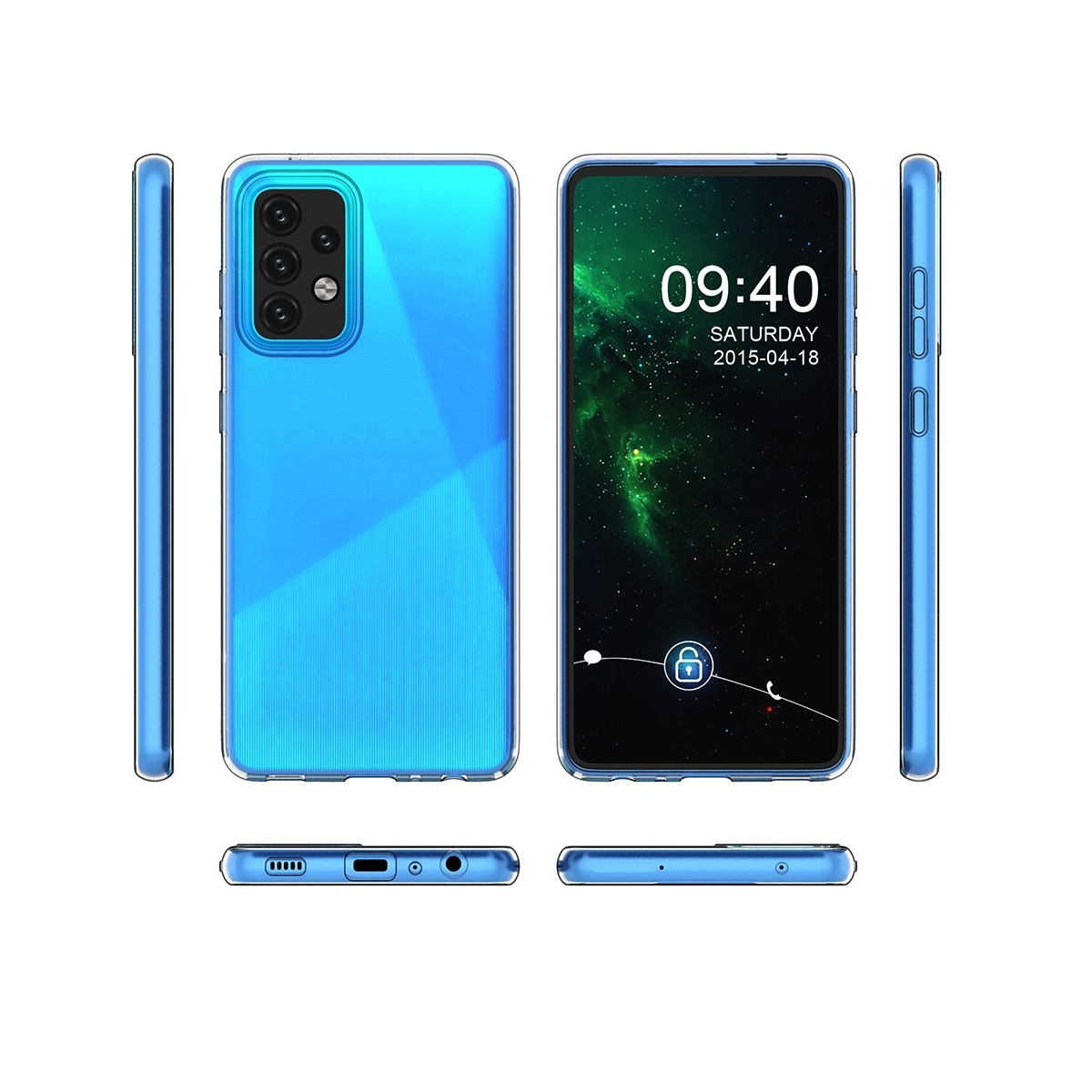 Ein blaues Smartphone aus mehreren Blickwinkeln betrachtet. Der Bildschirm zeigt einen Sperrbildschirm mit der Uhrzeit.