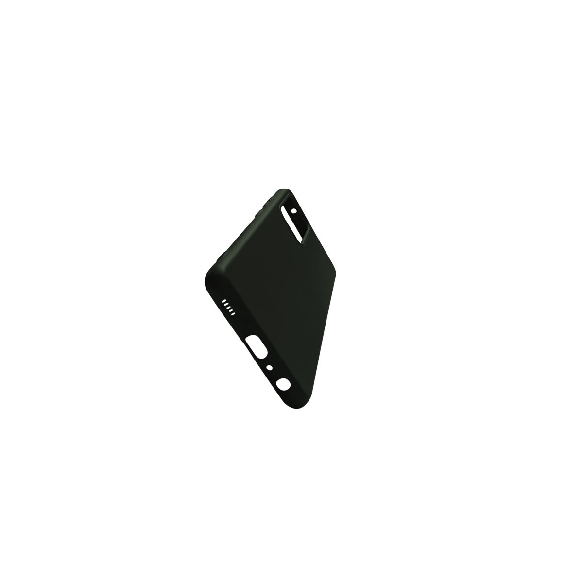 Schwarze Handyhülle mit Aussparungen und schlichtem Design, isoliert auf weißem Hintergrund.