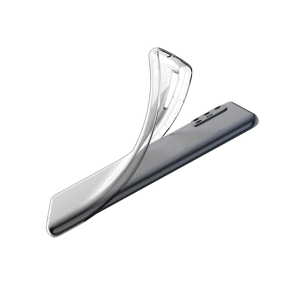 Transparente Handyhülle mit gewölbter Oberseite. Sie liegt über einem Telefon. Weißer Hintergrund.
