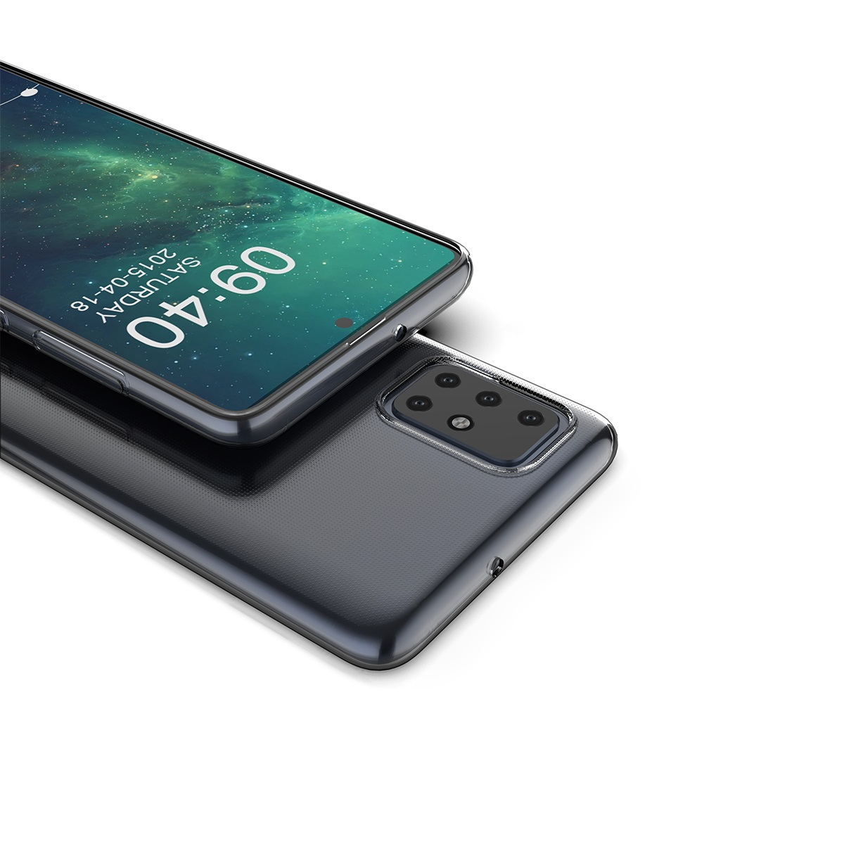 Handyhülle mit Telefon, zeigt den Bildschirm mit Uhrzeit.