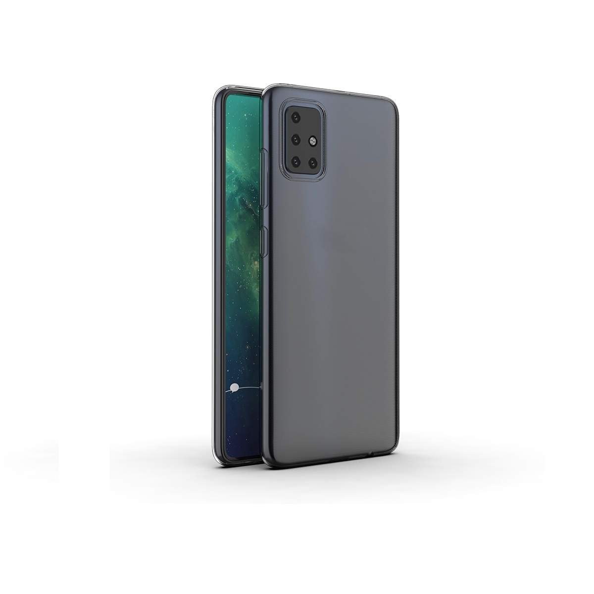 Eine dunkelgraue Handyhülle mit der Rückseite eines Smartphones.