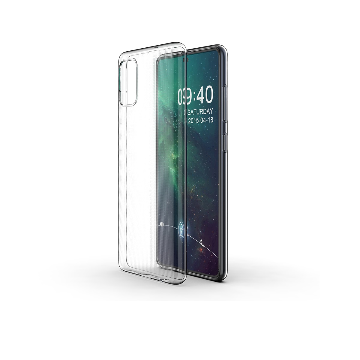 Transparente Handyhülle neben einem Handy mit Uhrzeit- und Datumsanzeige.