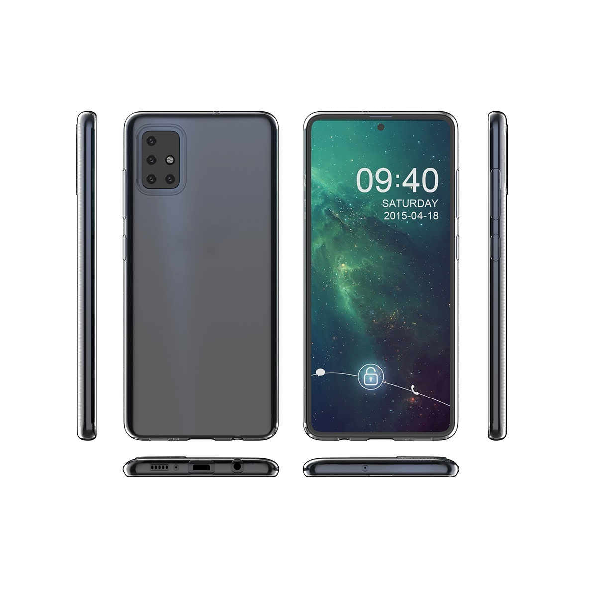 Ein schwarzes Telefon mit dunklem Bildschirm, verschiedene Ansichten: Vorder-, Rückseite, Seiten.