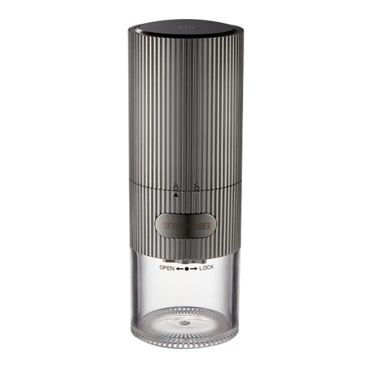 Silberne Kaffeemühle mit transparentem Boden. Hat einen schwarzen Deckel und einen Knopf mit der Aufschrift 'Coffee Grinder'.