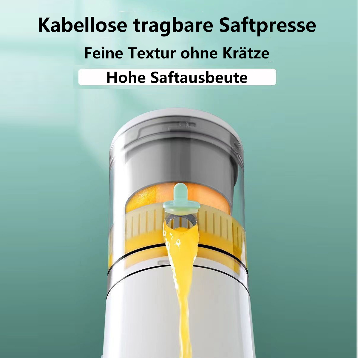 Ein Entsafter mit transparentem Behälter. Gelber Saft fließt heraus, der Hintergrund ist hellgrün.