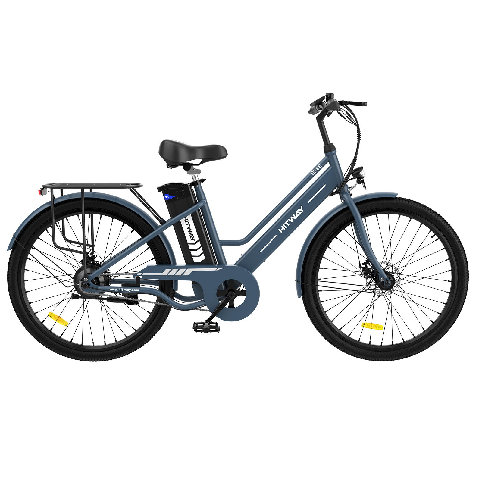 Blaues HITWAY Elektrofahrrad, Profilansicht, auf weißem Hintergrund. Merkmale umfassen einen Akku.