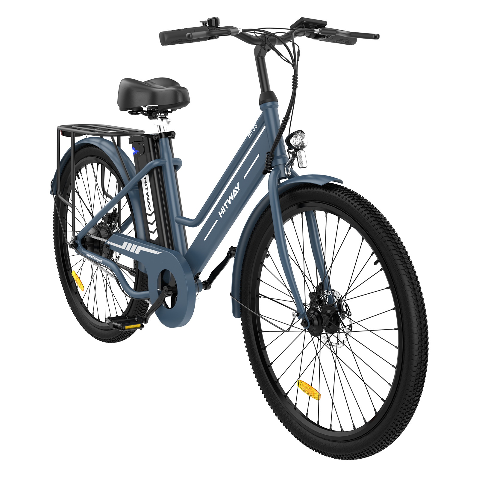 Blaues E-Bike, Vorderansicht. Hat schwarze Reifen, Sitz und Lenker. HITWAY steht auf dem Rahmen.