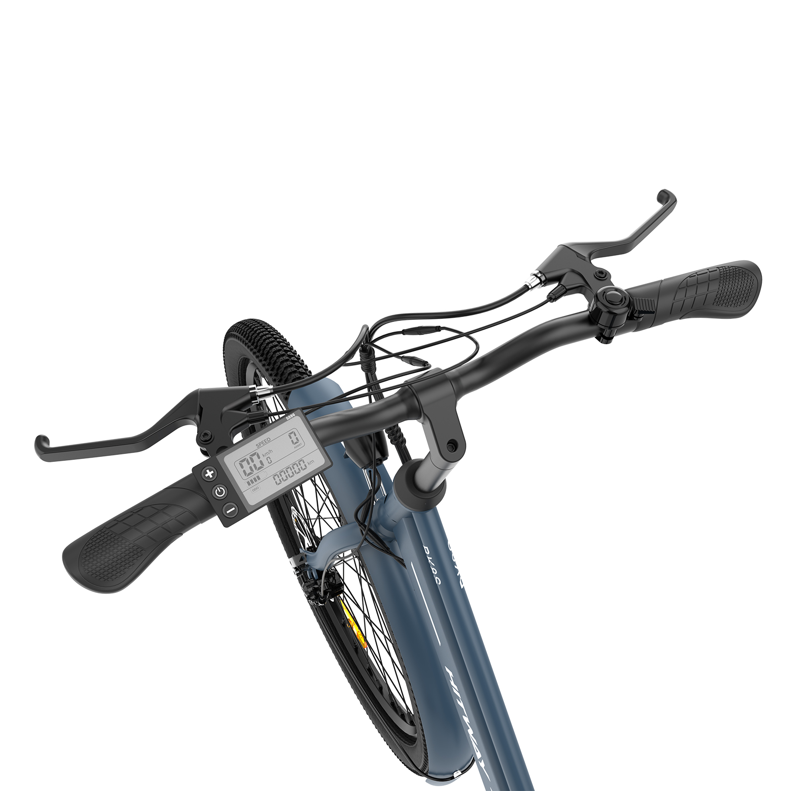Lenker eines Fahrrads mit Digitalanzeige, Bremsen und schwarzen Griffen.