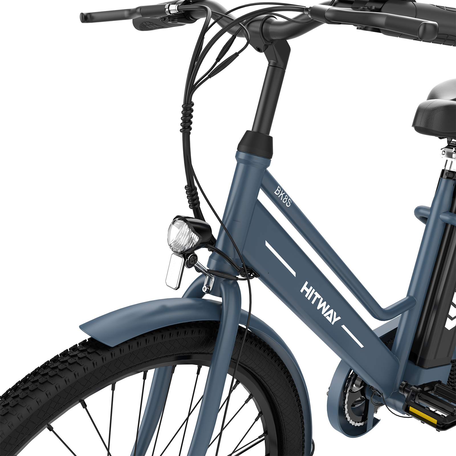 Ein blaues HITWAY E-Bike, das die Vorderansicht mit Scheinwerfer, Kotflügel und Lenker zeigt.
