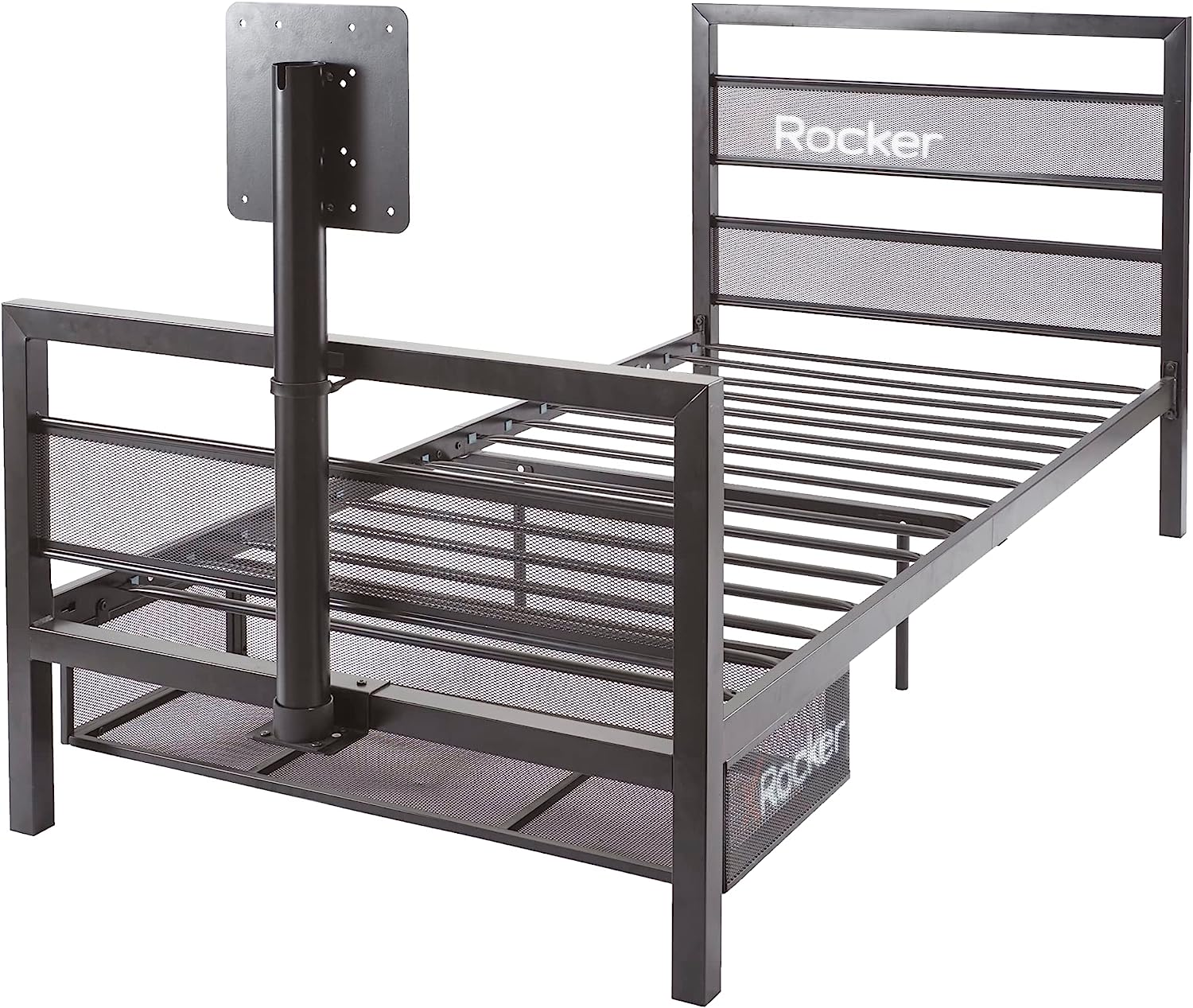 Dunkles Metall-Bettgestell mit TV-Halterung, Wort 'Rocker' sichtbar.
