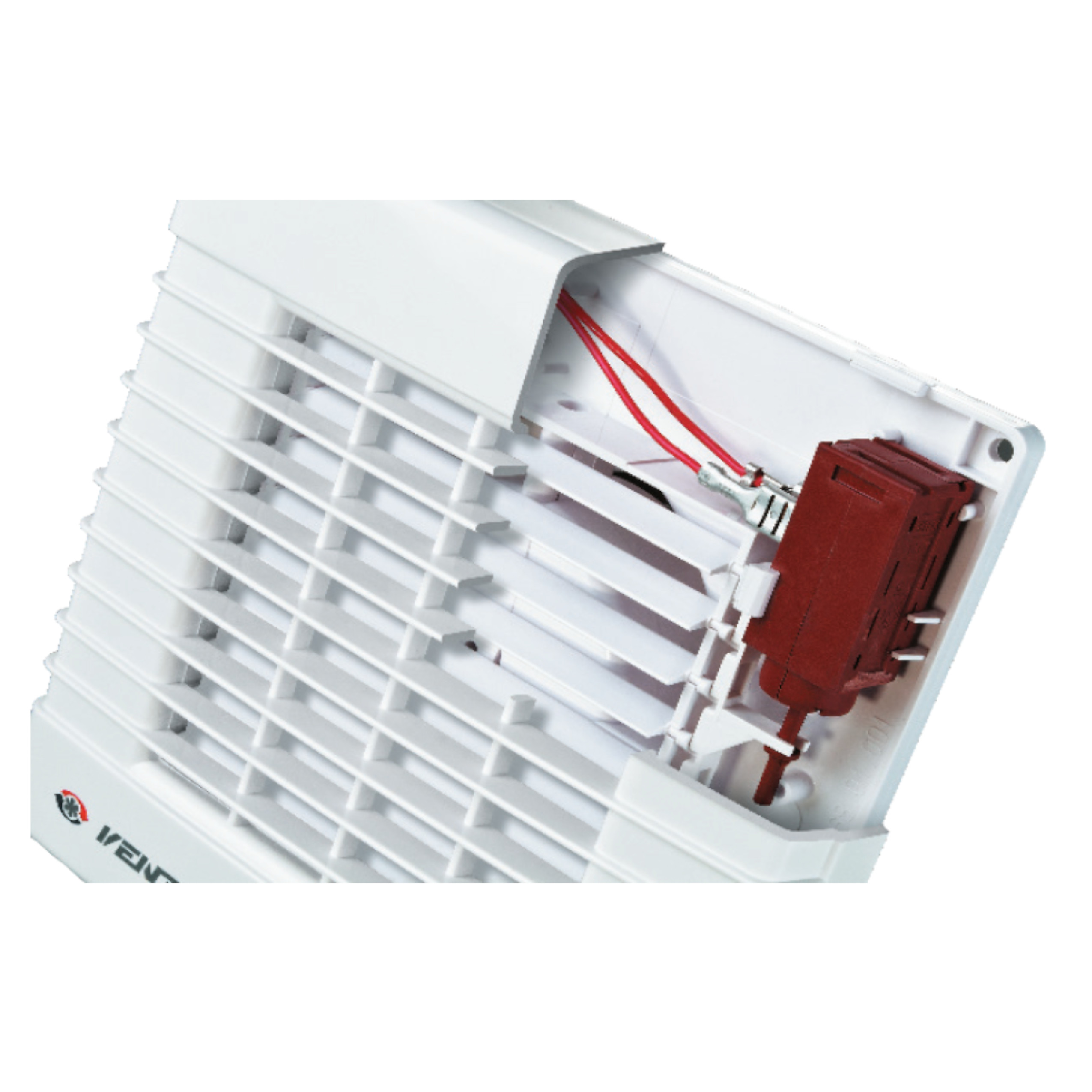 Weißes Lüftungssystem-Bauteil mit Gitter und roten Drähten, und ein braunes elektrisches Bauteil sichtbar.