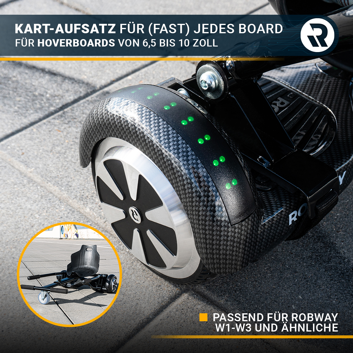 Nahaufnahme eines Hoverboard-Rades mit Kart-Aufsatz und schwarzem Sitz.