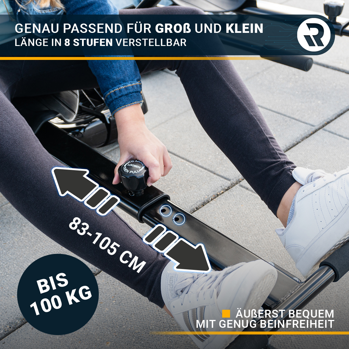Frau benutzt Rudermaschine. Maschine einstellbar mit Messungen, weiße Turnschuhe und Text auf Deutsch.