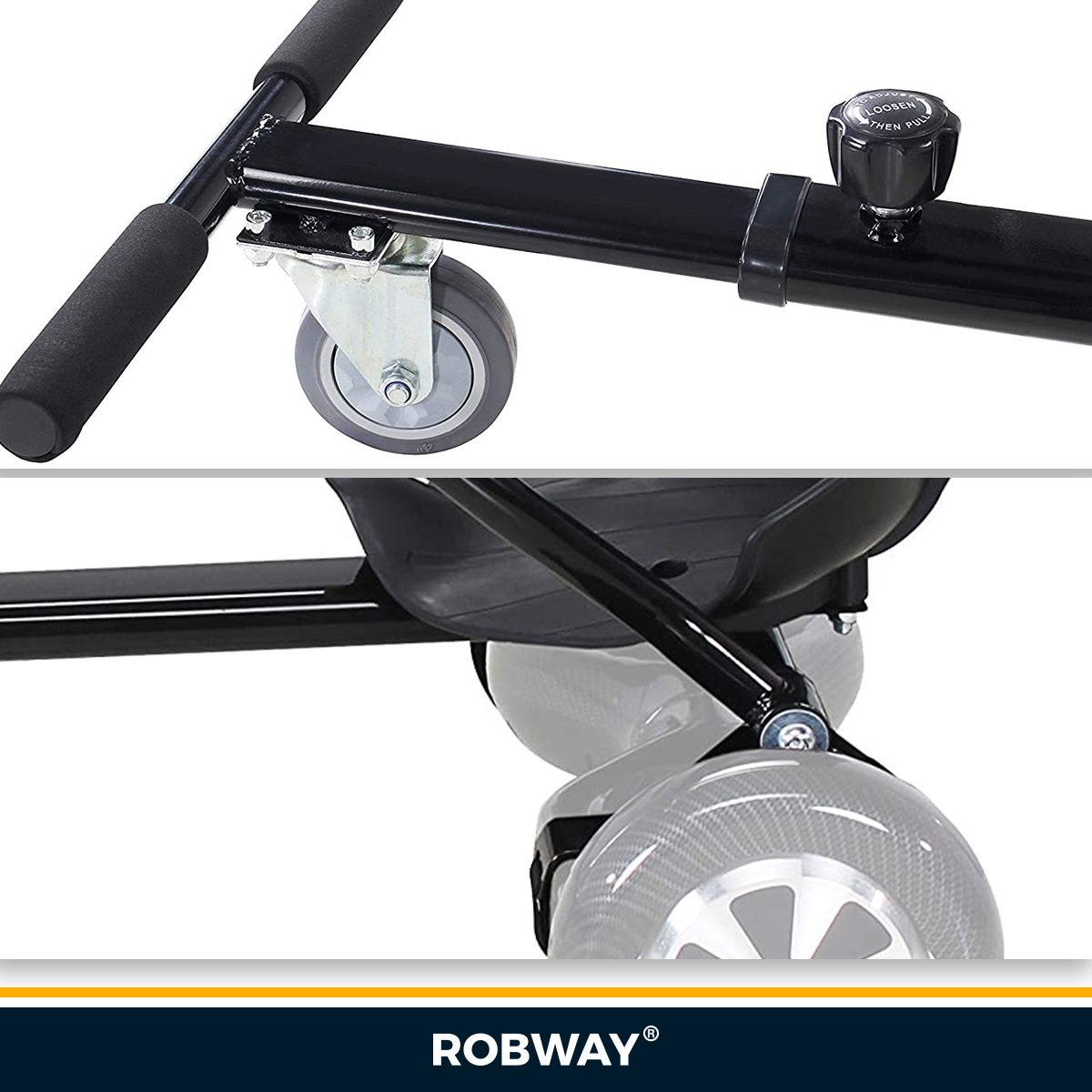 Nahaufnahme von Rollerrad und Lenkerdetails. Schwarz und Grau, ROBWAY-Logo unten.