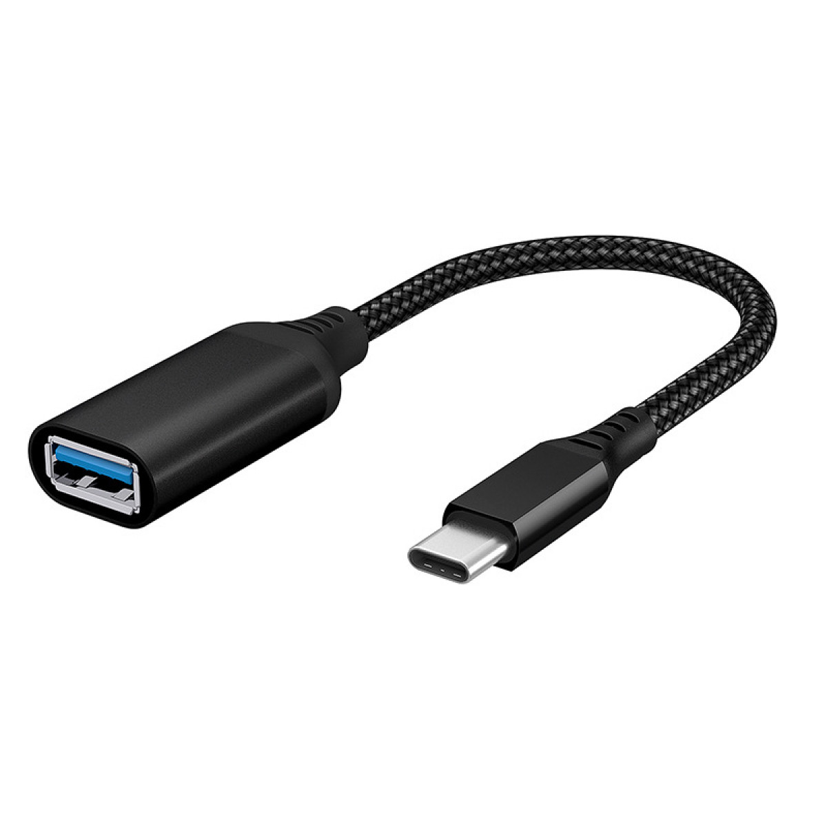 Schwarzes USB-zu-USB-C-Adapterkabel, mit weißem Hintergrund.