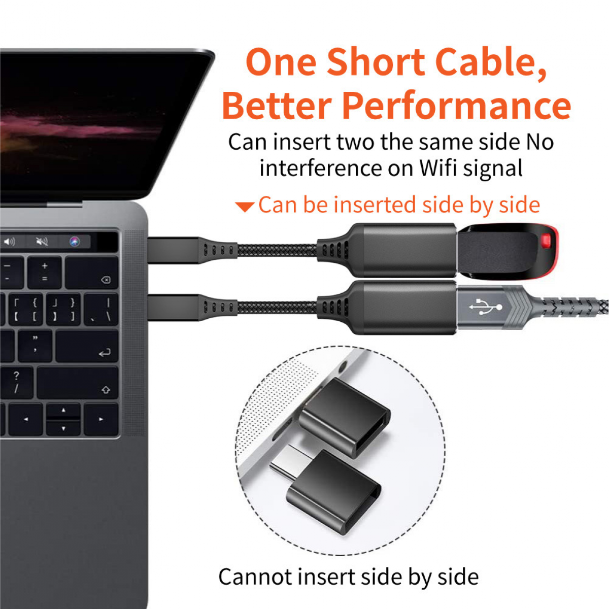 Zwei Kabel, eines an einem Laptop und eines an einem USB-Anschluss angeschlossen. Text sagt 'Ein kurzes Kabel, bessere Leistung'.