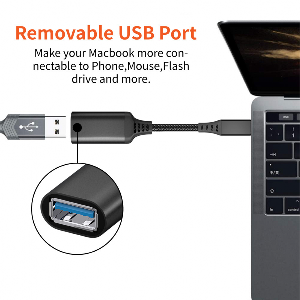 USB-Adapter, der an einen Laptop und einen USB-Anschluss angeschlossen ist. Detail des USB-Anschlusses und -Steckers.