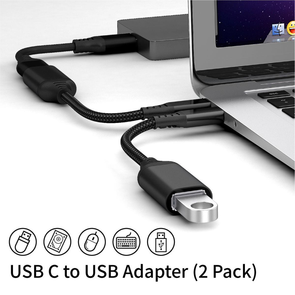 USB-C-zu-USB-Adapter-Set. Zwei Adapter sind mit einem Laptop und einem USB-Hub verbunden. Ein Maus-Symbol ist sichtbar.