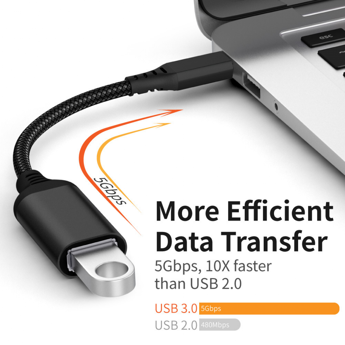 Schwarzes USB-C-Kabel an Laptop angeschlossen, Text über effiziente Datenübertragung.