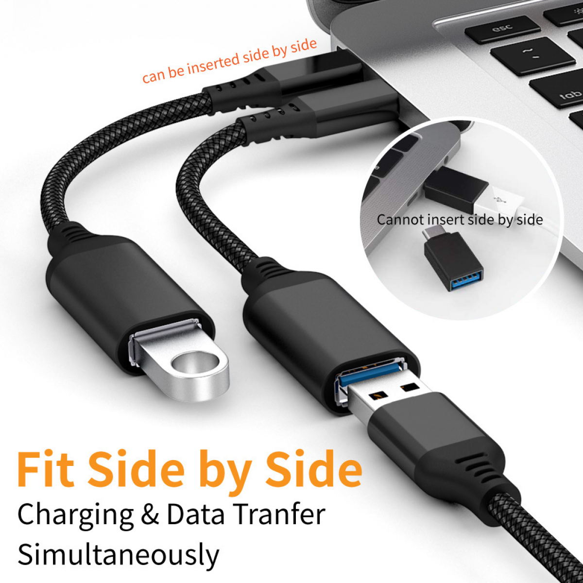 USB-Kabel an einen Laptop angeschlossen. Ein Kabel mit USB-A und eines mit USB-C.