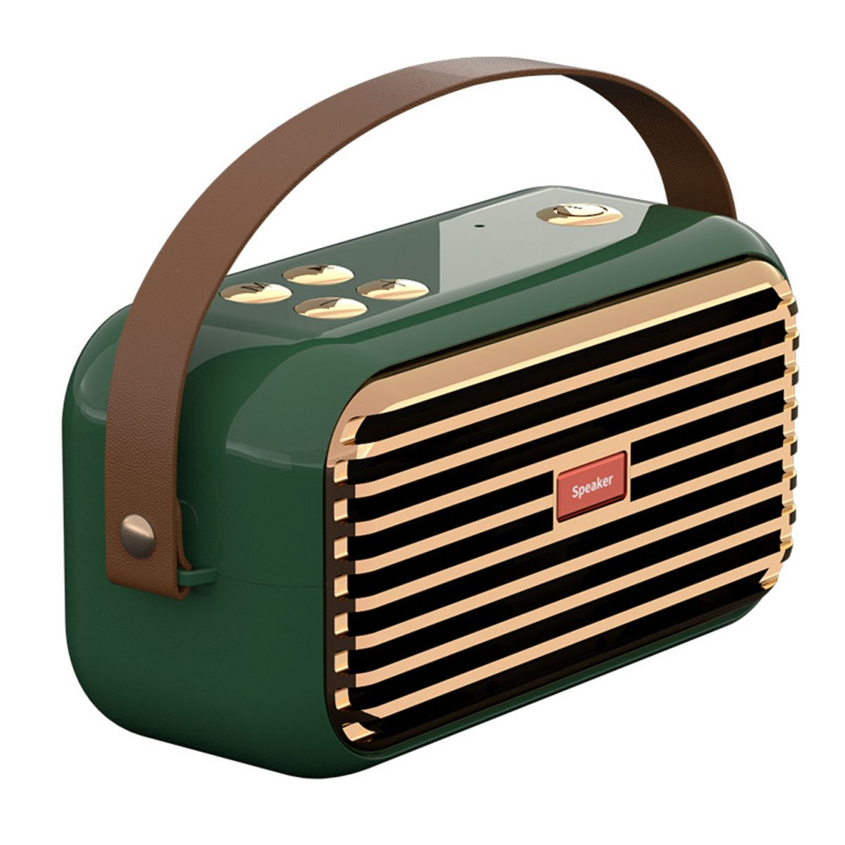 Grün-goldener Lautsprecher im Retro-Stil mit Griff und Knöpfen, auf weißem Hintergrund.