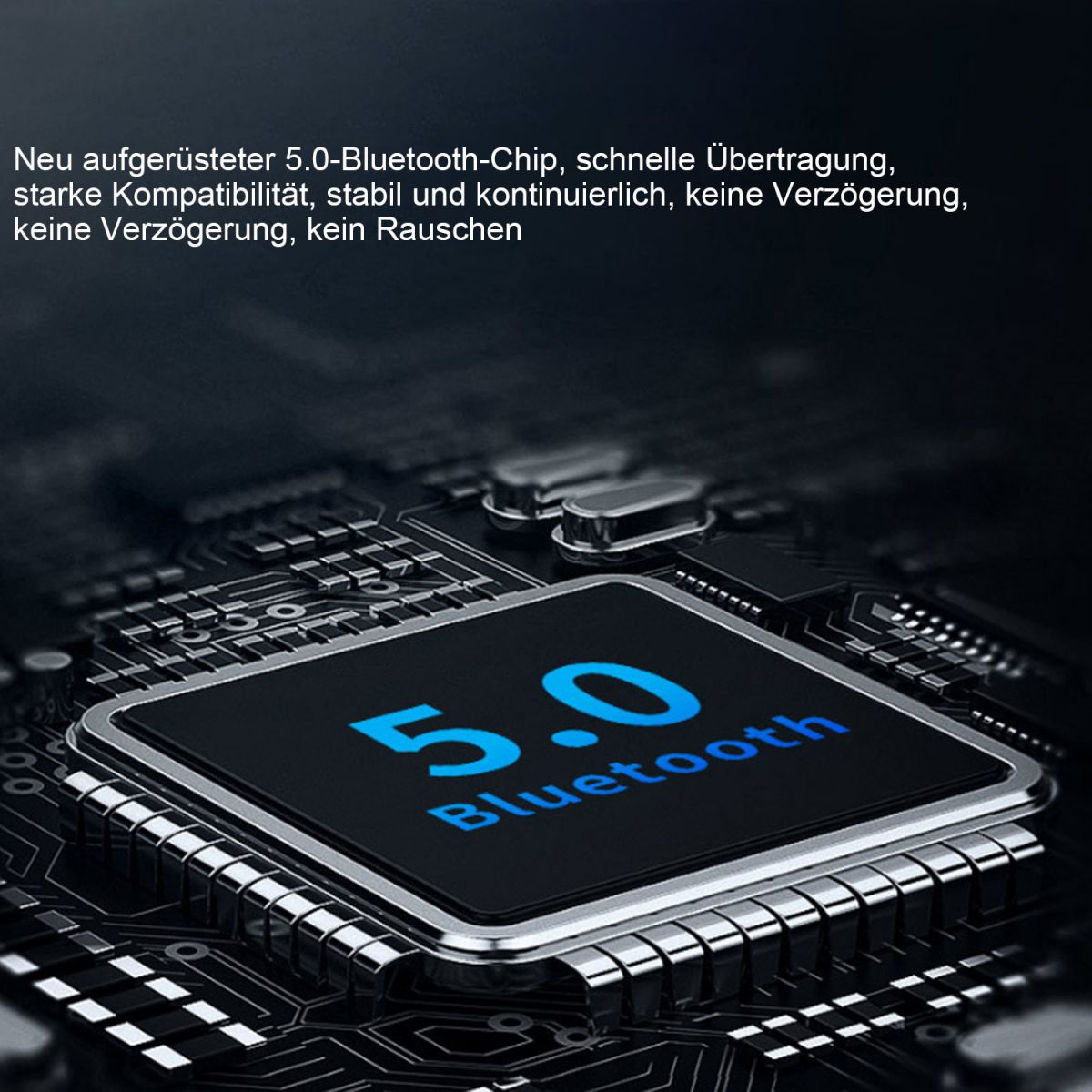 Bluetooth-Chip mit Text, in Schwarz und Blau, auf Leiterplattenhintergrund.