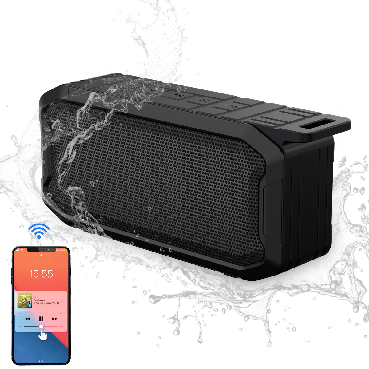 wasserdich schwarz, Lautsprecher, Wasserfest KINSI Subwoofer, Bluetooth-Lautsprecher, IPX7 Bluetooth-Lautsprecher, tragbarer