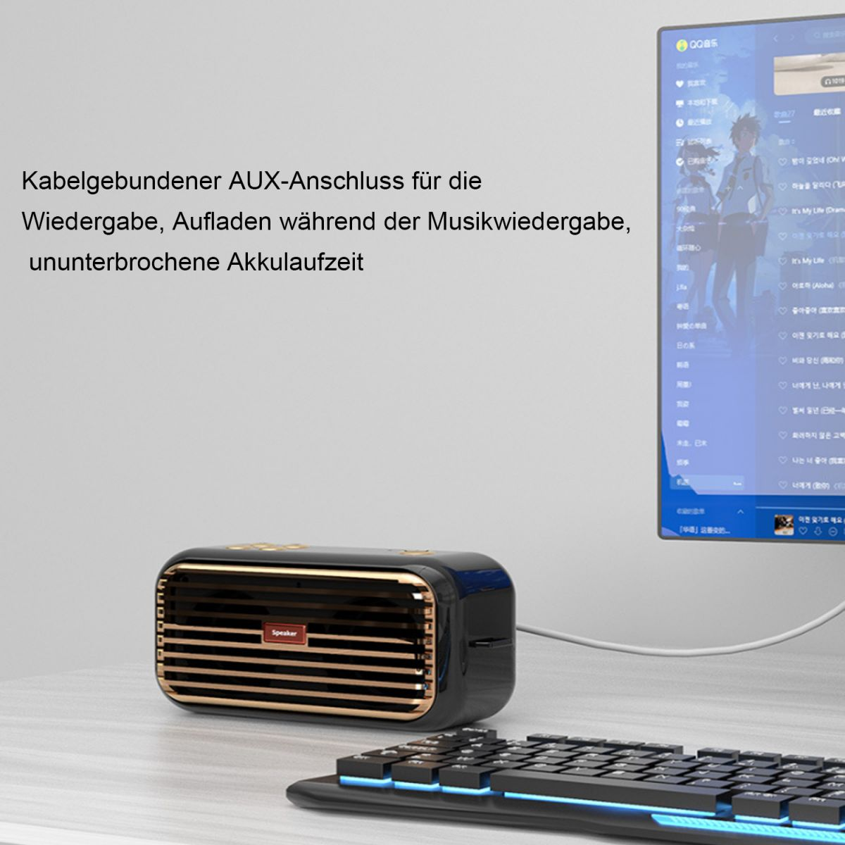 Ein schwarzer und goldener Lautsprecher mit Monitor und Tastatur, Text darüber.